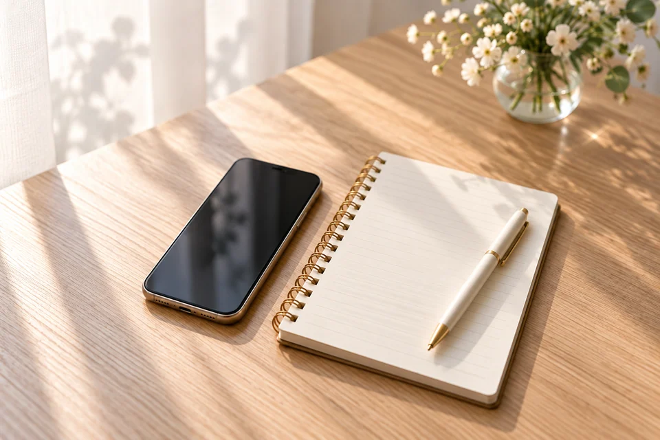 木の机に置いた画面の消えた電話と白紙のノートの編集用イメージ