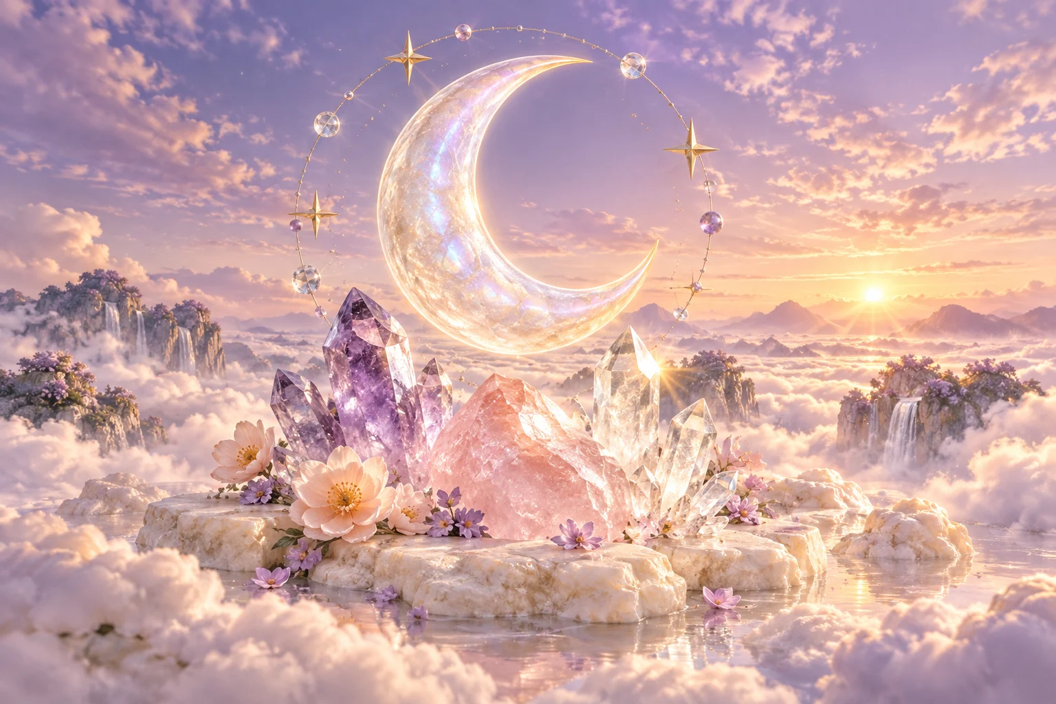 光る三日月と星に囲まれた、ラベンダー色の雲と天然石の幻想的なイラスト